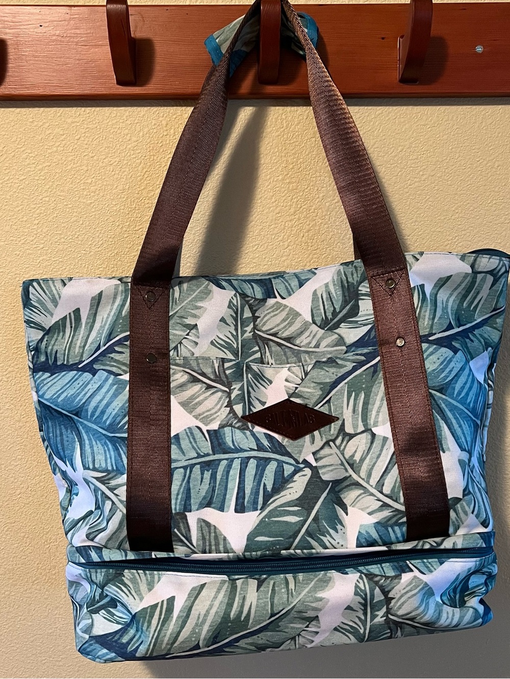 Tropical Leaf Print Tote with Brown Straps